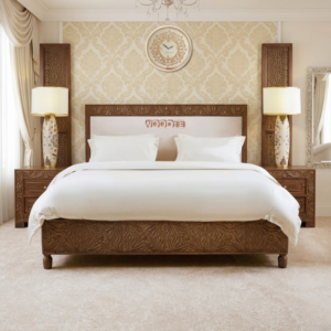 Premium Hand-Carved Sheesham Wood Bed Set with Side Tables – Luxury King Size Bedroom Furniture