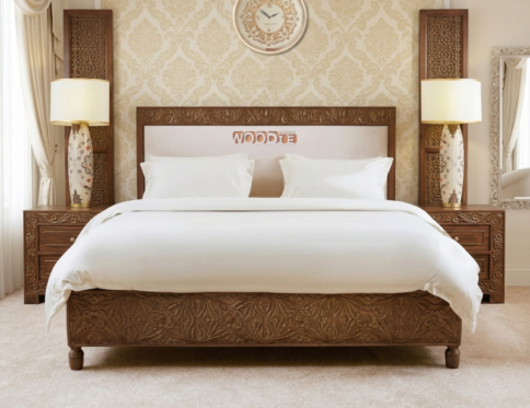 Premium Hand-Carved Sheesham Wood Bed Set with Side Tables – Luxury King Size Bedroom Furniture