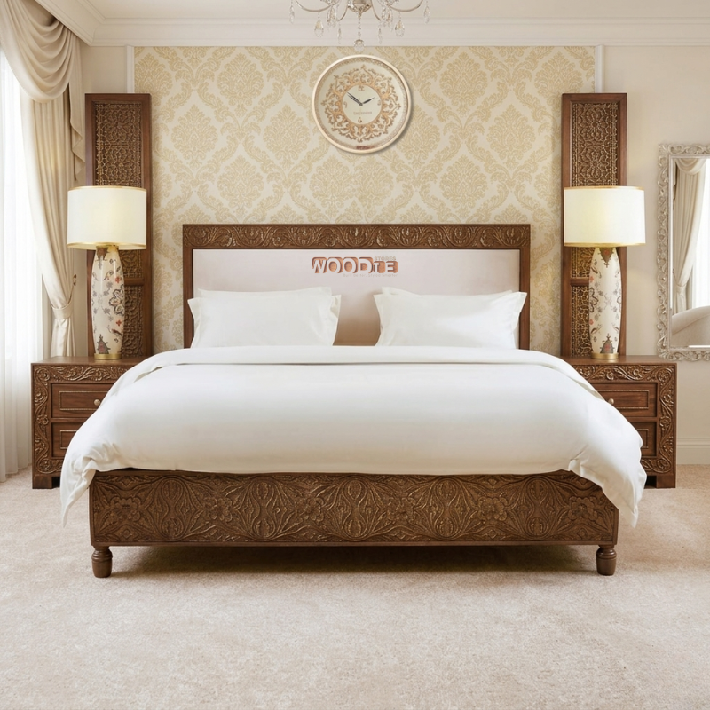 Premium Hand-Carved Sheesham Wood Bed Set with Side Tables – Luxury King Size Bedroom Furniture