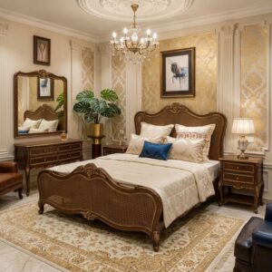 Royal French Style Sheesham Wood Bed Set – Luxury King Size Bedroom Furniture with Classic Carving