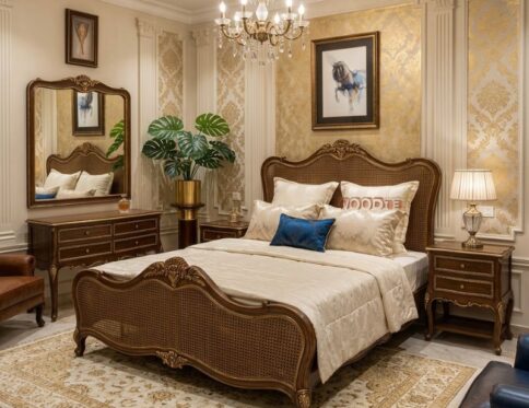 Royal French Style Sheesham Wood Bed Set – Luxury King Size Bedroom Furniture with Classic Carving