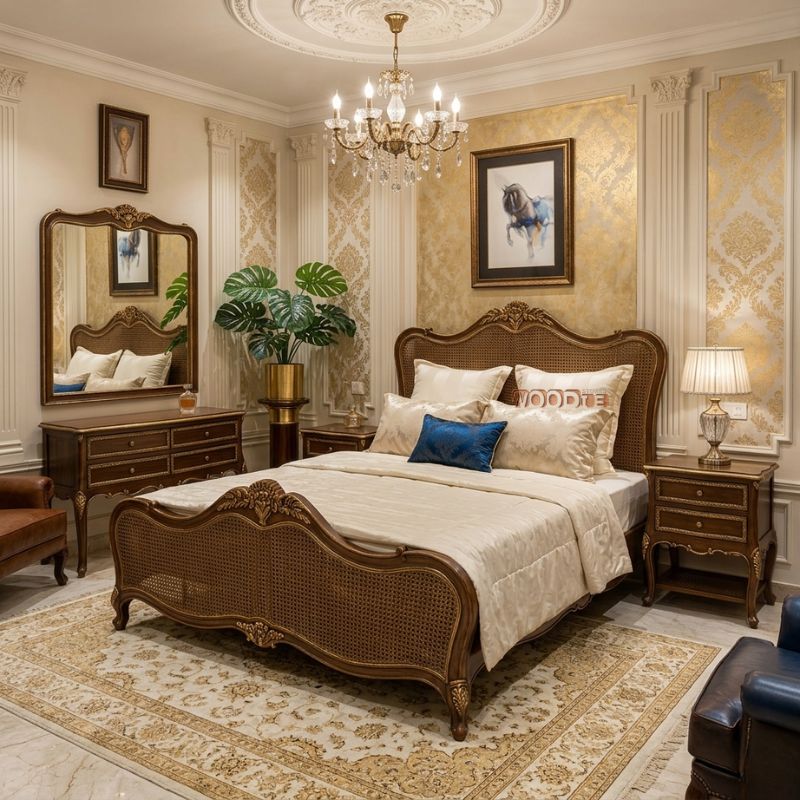 Royal French Style Sheesham Wood Bed Set – Luxury King Size Bedroom Furniture with Classic Carving