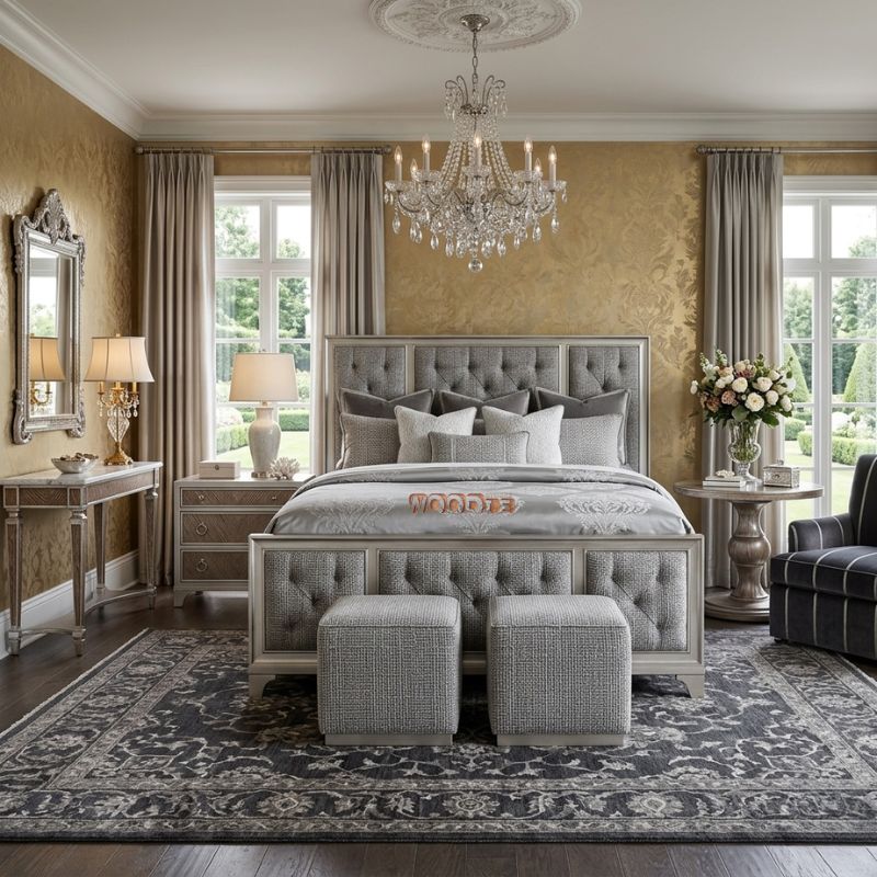 Modern Upholstered Luxury Bed Set with Tufted Headboard – Premium King Size Bedroom Furniture