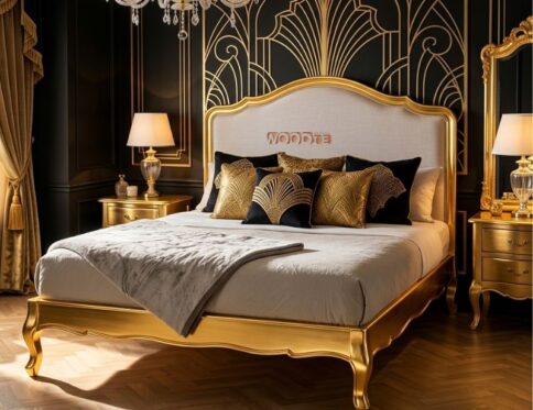 Imperial Luxe Gold Finish Sheesham Wood Bed with Master Molty Foam Headboard – Luxury King Size Bedroom Bed