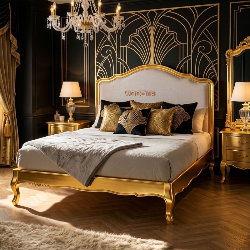 Imperial Luxe Gold Finish Sheesham Wood Bed with Master Molty Foam Headboard – Luxury King Size Bedroom Bed