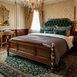 Royal Emerald Sheesham Wood Bed with Master Molty Foam Headboard – Luxury King Size Wooden Bed