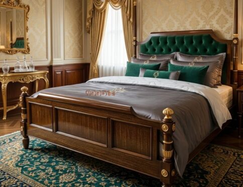 Royal Emerald Sheesham Wood Bed with Master Molty Foam Headboard – Luxury King Size Wooden Bed