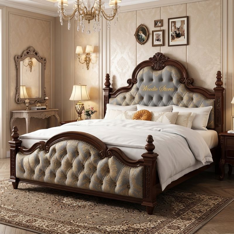 Majestic Heritage Sheesham Wood Bed with Master Molty Foam Upholstered Headboard – Luxury King Size Bed