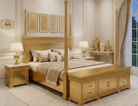 Luxury hand carved Chinioti Sheesham wood king size bed