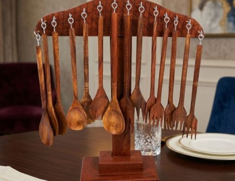 Luxury Sheesham Wooden Spoon & Fork Set with Stand – Handcrafted Dining & Kitchen Décor Collection