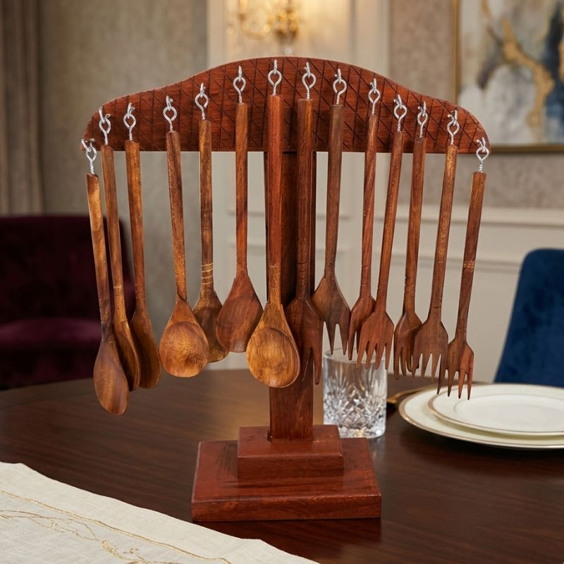 Luxury Sheesham Wooden Spoon & Fork Set with Stand – Handcrafted Dining & Kitchen Décor Collection