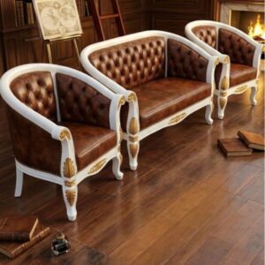 Classic Chesterfield White & Tan Office Sofa Set