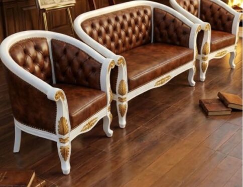 Classic Chesterfield White & Tan Office Sofa Set