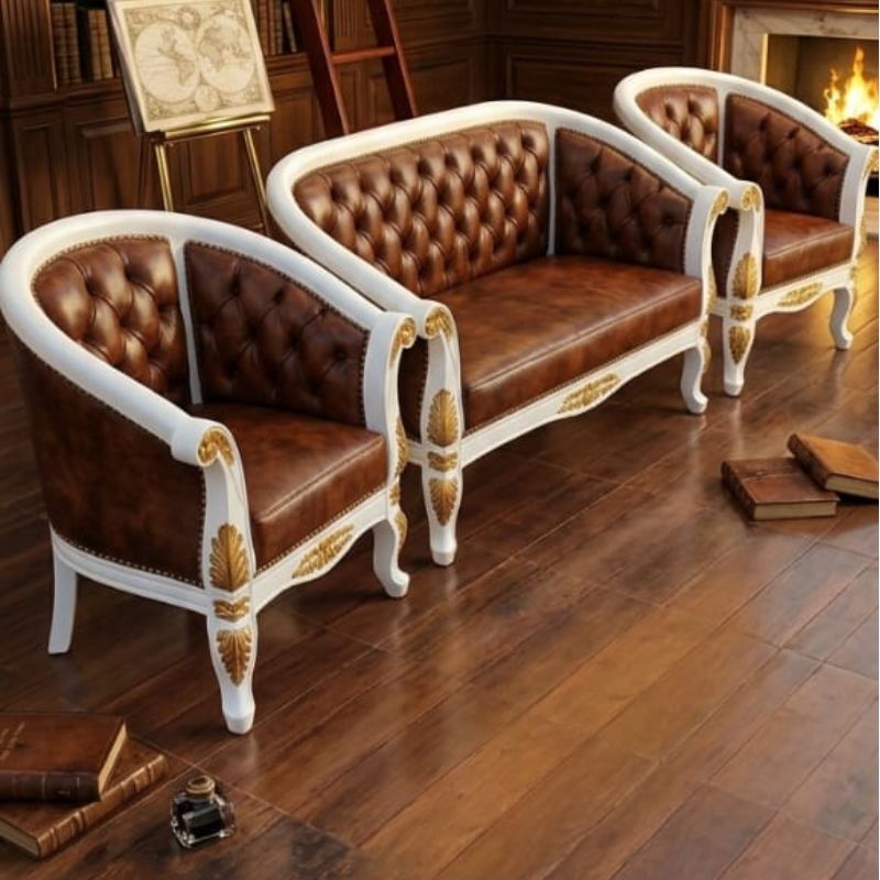 Classic Chesterfield White & Tan Office Sofa Set