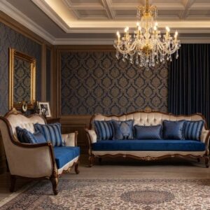 Royal Damask Royal Blue & Walnut Sofa Set