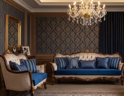 Royal Damask Royal Blue & Walnut Sofa Set