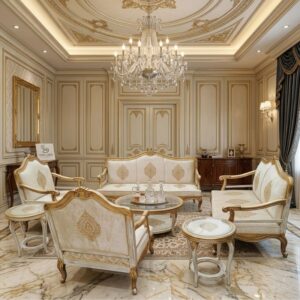 Baroque Cream & Gold Leaf French Sofa Set