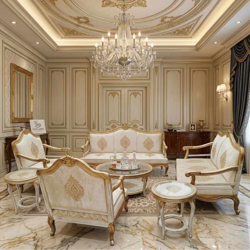 Baroque Cream & Gold Leaf French Sofa Set