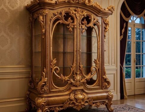 Luxury Hand-Carved Sheesham Wood Display Cabinet with Glass Doors