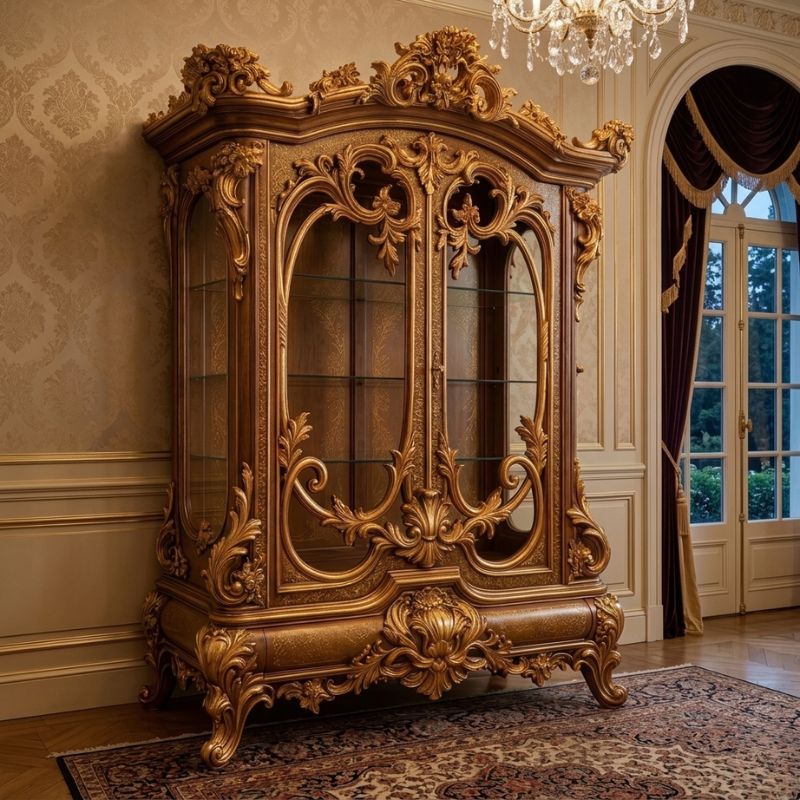 Luxury Hand-Carved Sheesham Wood Display Cabinet with Glass Doors Luxury Hand-Carved Sheesham Wood Display Cabinet with Glass Doors