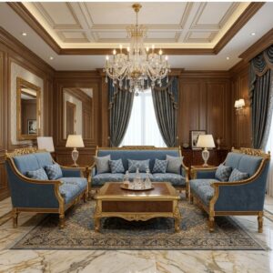 Maharaja Cerulean Blue & Gold Carved Sofa Set