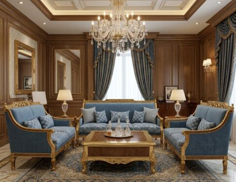Maharaja Cerulean Blue & Gold Carved Sofa Set