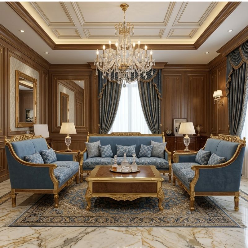 Maharaja Cerulean Blue & Gold Carved Sofa Set Maharaja Cerulean Blue & Gold Carved Sofa Set