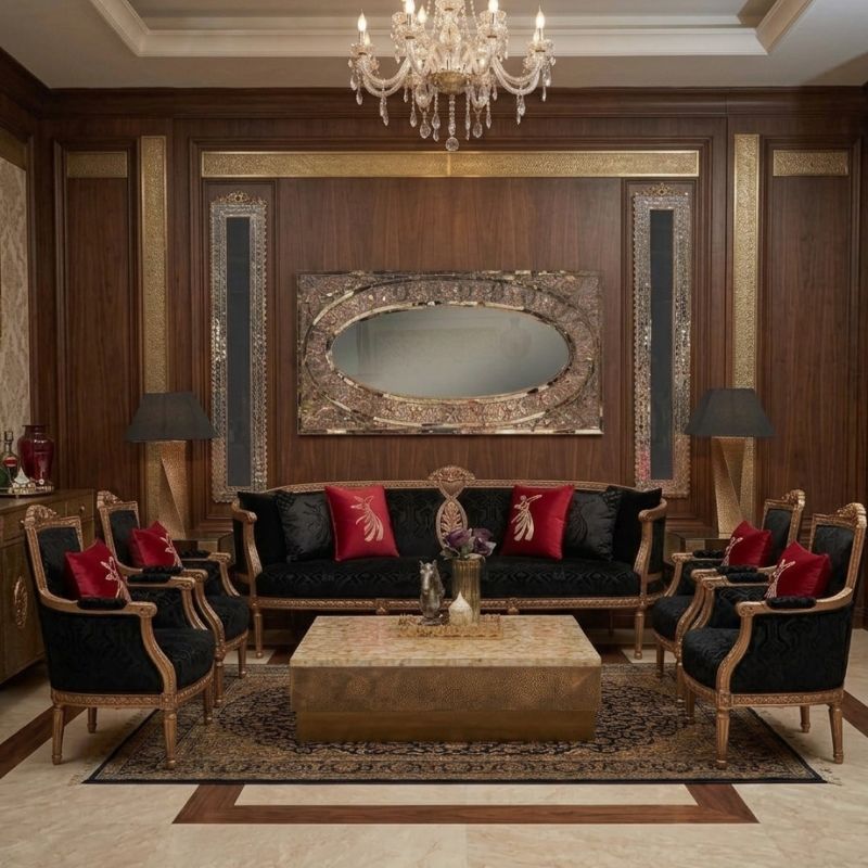 Sultan Black Velvet & Hammered Gold Sofa Set Sultan Black Velvet & Hammered Gold Sofa Set