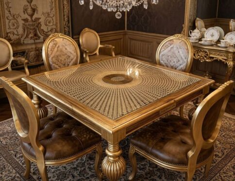 Intricate Sunburst Square Sheesham Game Table Set