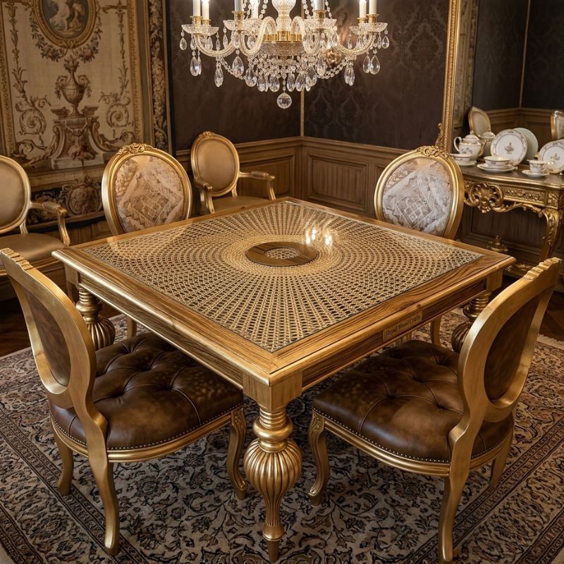 Intricate Sunburst Square Sheesham Game Table Set