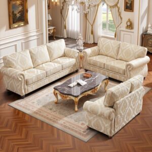 Victorian Diamond-Tufted Brocade Cream Sofa Set