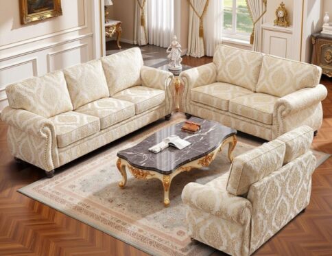 Victorian Diamond-Tufted Brocade Cream Sofa Set