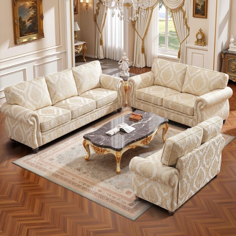 Victorian Diamond-Tufted Brocade Cream Sofa Set