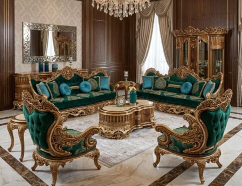 Emerald Regal Velvet & Heavy Gold Leaf Sofa Set