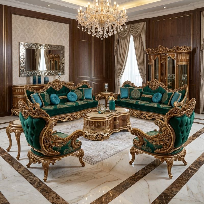 Emerald Regal Velvet & Heavy Gold Leaf Sofa Set