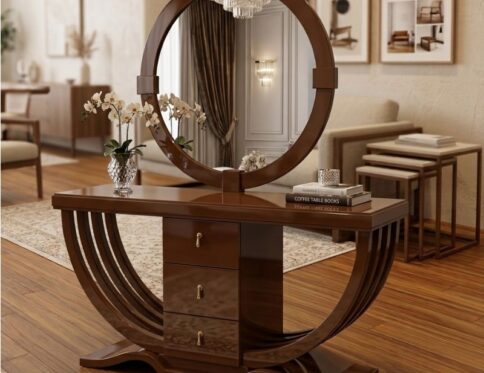 Luxury U-Shaped Sheesham Wood Console Table with Mirror