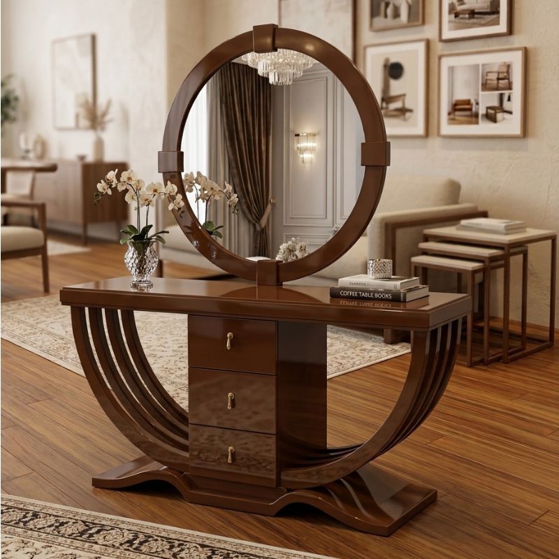 Luxury U-Shaped Sheesham Wood Console Table with Mirror