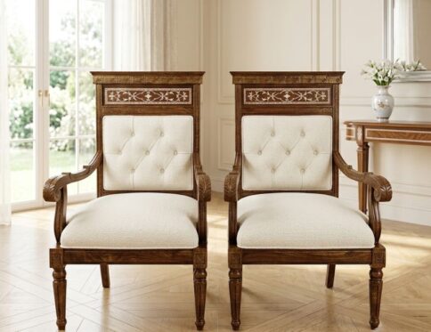 Chinioti Hand-Inlaid Bone Marquetry Armchair Set