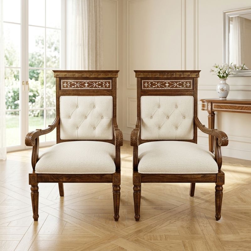 Chinioti Hand-Inlaid Bone Marquetry Armchair Set