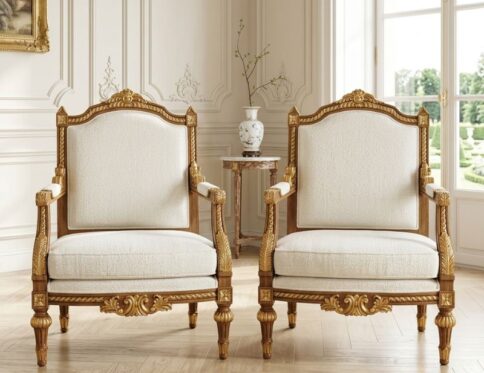 French Louis XIV Gilded Acanthus Armchair Set