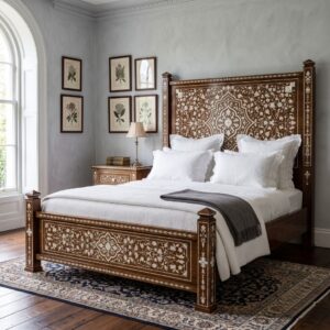 Chinioti Hand-Inlaid Ivory Motif King Bed