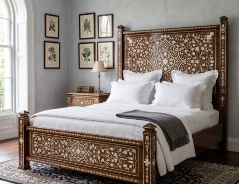 Chinioti Hand-Inlaid Ivory Motif King Bed