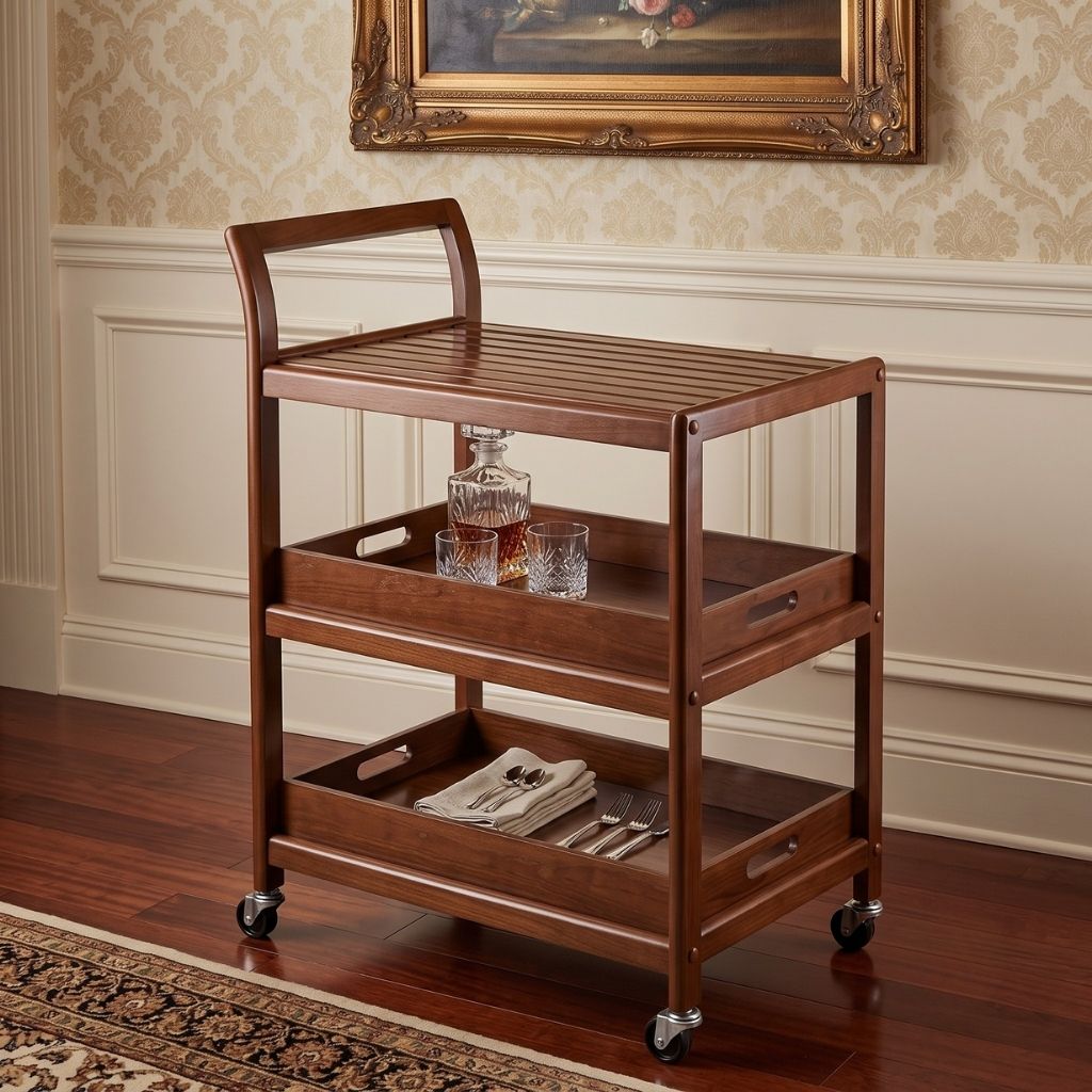 Minimalist 3-Tier Walnut Service Trolley