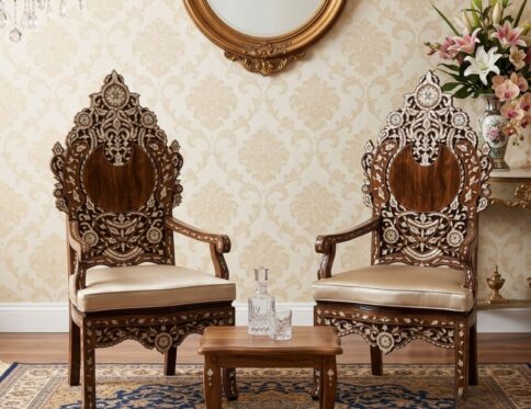 Chinioti Hand-Inlaid Ivory Motif Armchair Set