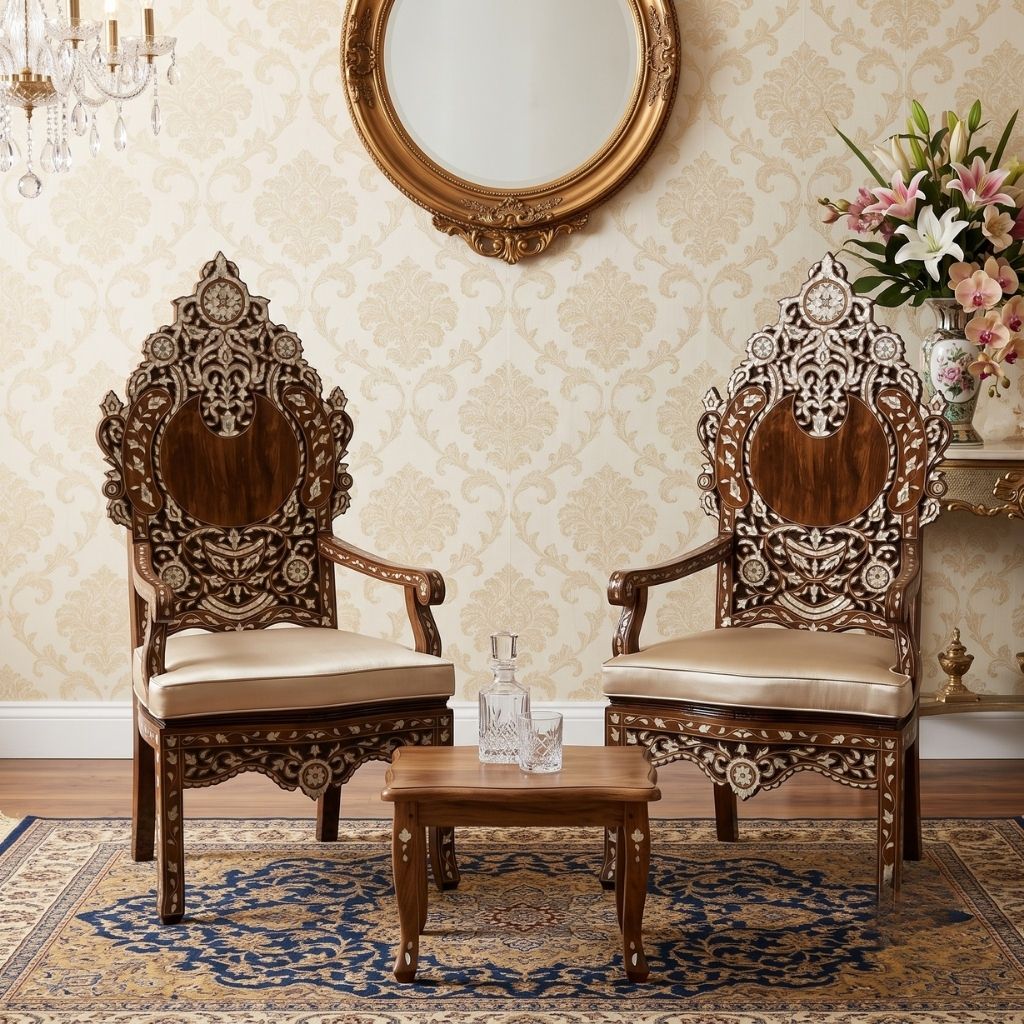 Chinioti Hand-Inlaid Ivory Motif Armchair Set