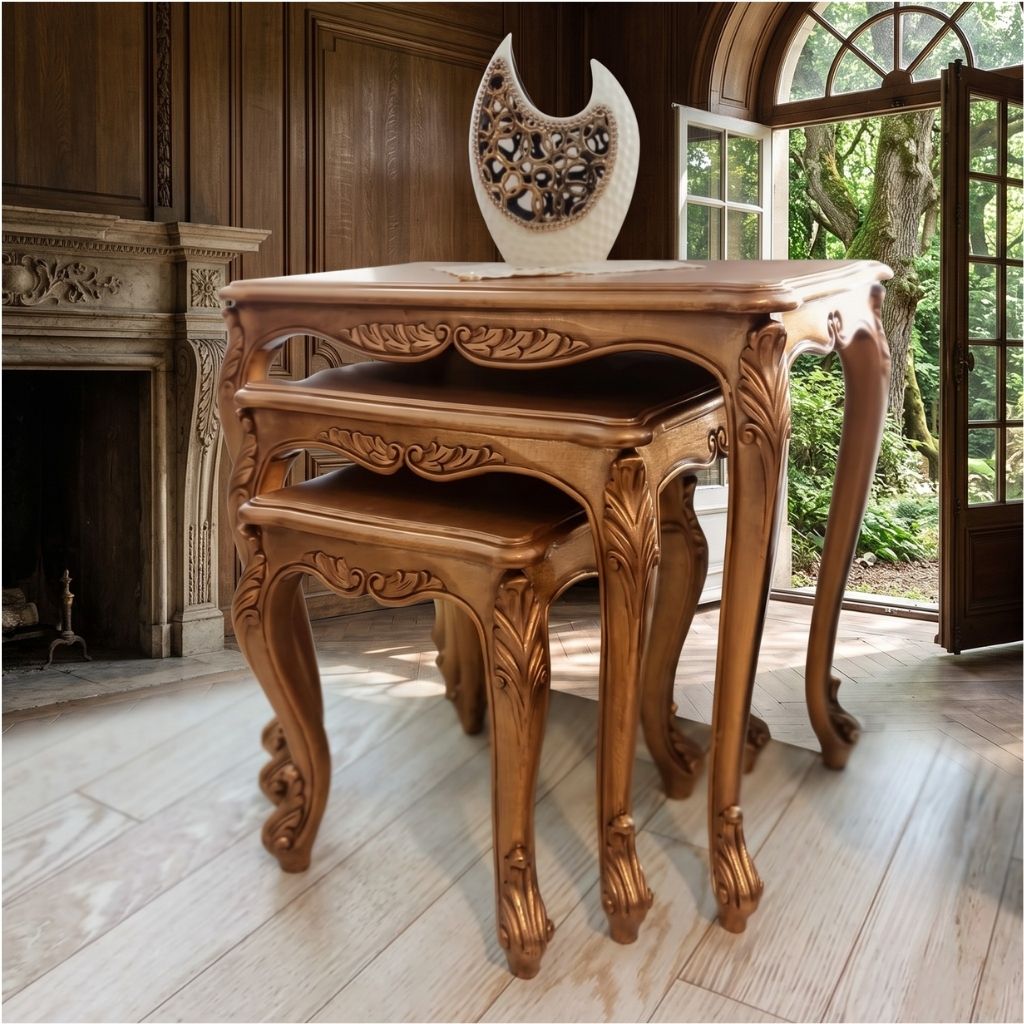 French Baroque Gold Leaf Nesting Table Trio