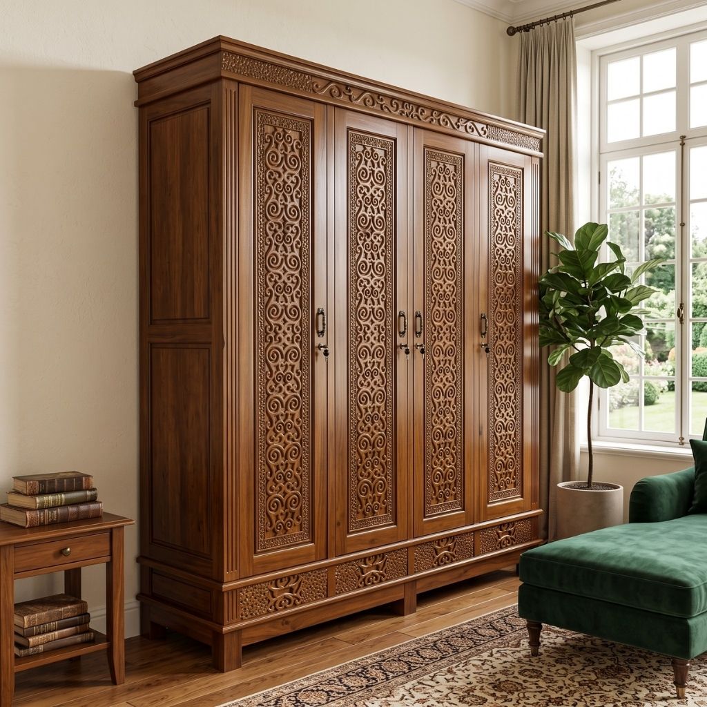 Chinioti Deep-Carved Arabesque 4-Door Wardrobe