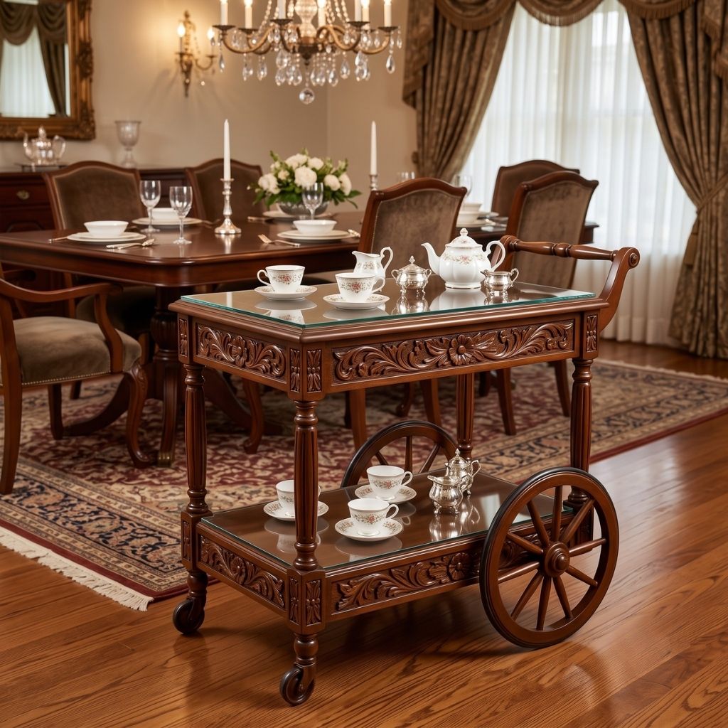 Ornate Floral Carved Tea & Serving Trolley