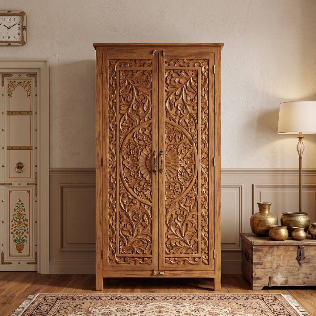 Chinioti Deep-Carved Floral 2-Door Wardrobe