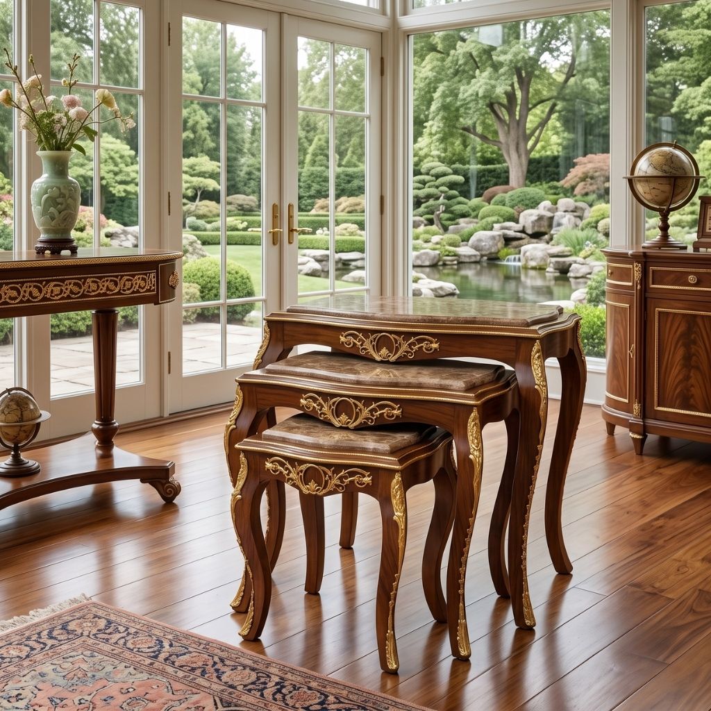 French Baroque Gold Leaf Nesting Table Trio French Baroque Gold Leaf Nesting Table Trio